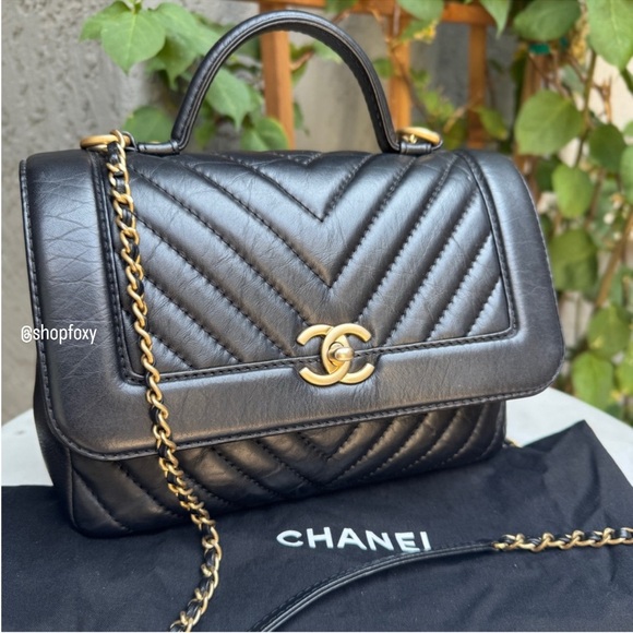 Chanel Chevron Quilted Top Handle Calfskin Leather Flap Crossbody - Picture 1 of 16